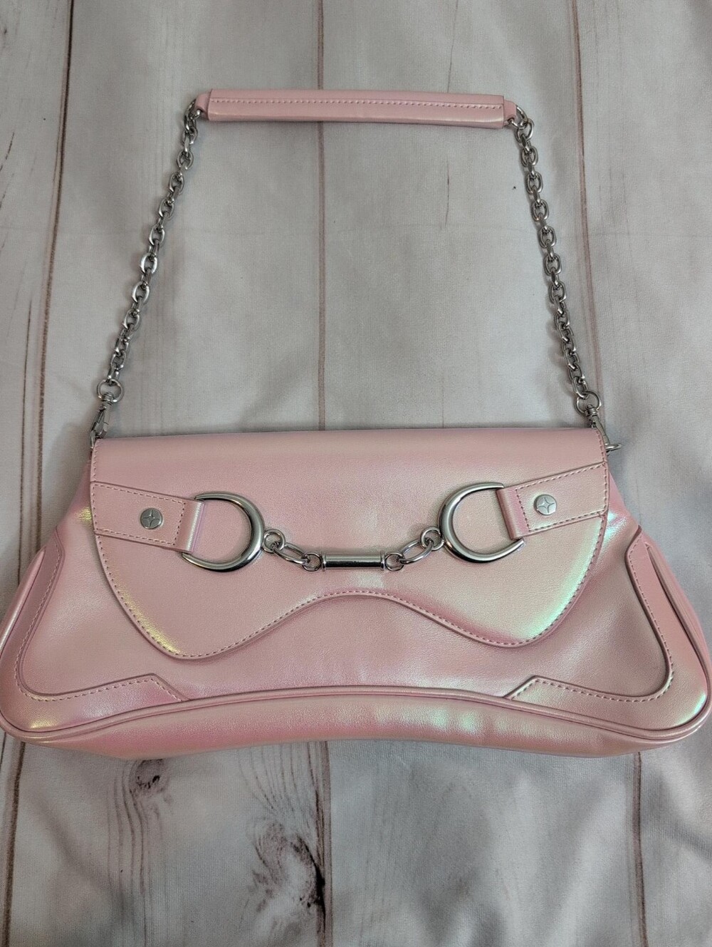 Paris Hilton Rider Large Baguette Shoulder Bag Shimmery Pink Iridescent Y2K